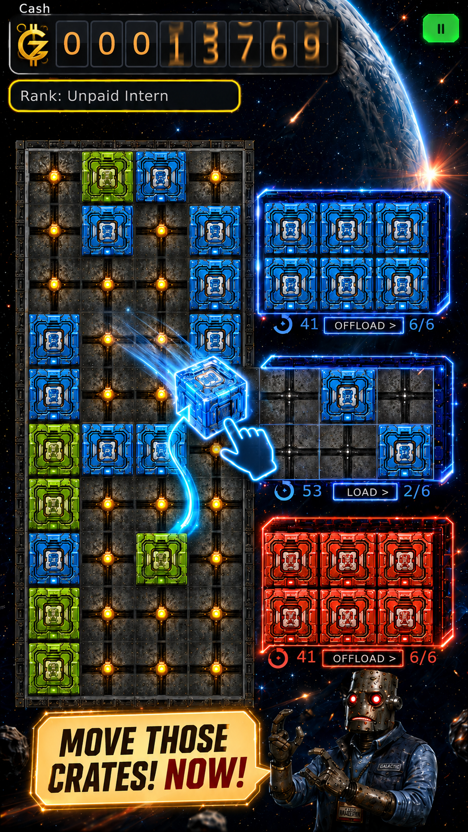 Galazon gameplay screenshot showing crates being moved across a warehouse grid